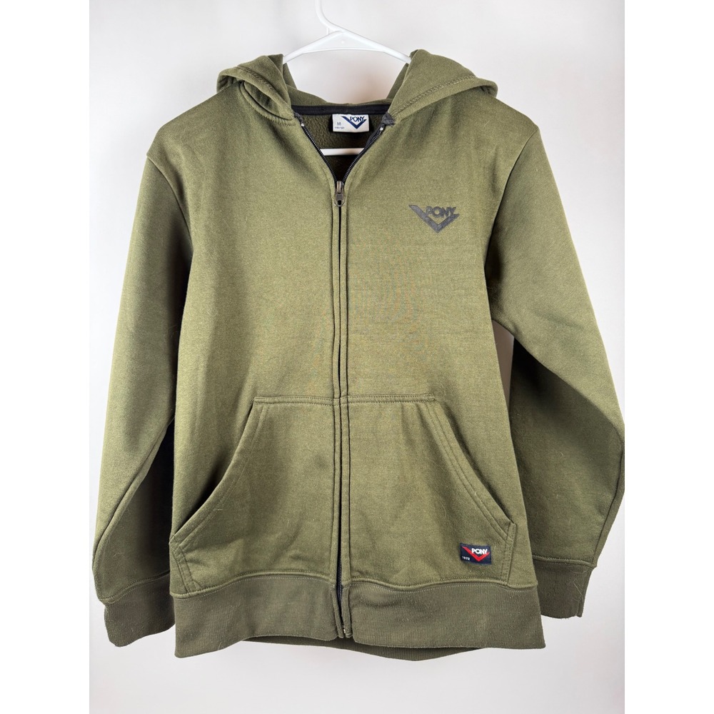 Pony Boys M Olive Green Full‑Zip Hoodie – Fleece‑Lined Athletic Sweatshirt